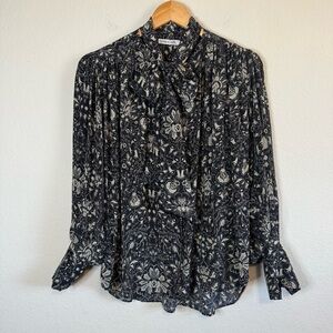 Maria Cher Black Floral Printed Blouse Silk Neck Tie Detail Button Front Shirt